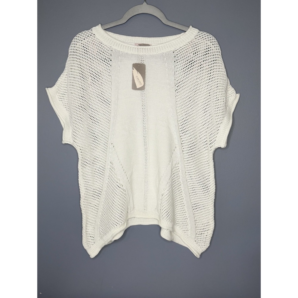 Forever 21 Sweater Womens L White Crochet Open Knit Dolman Short Slv Lightweight